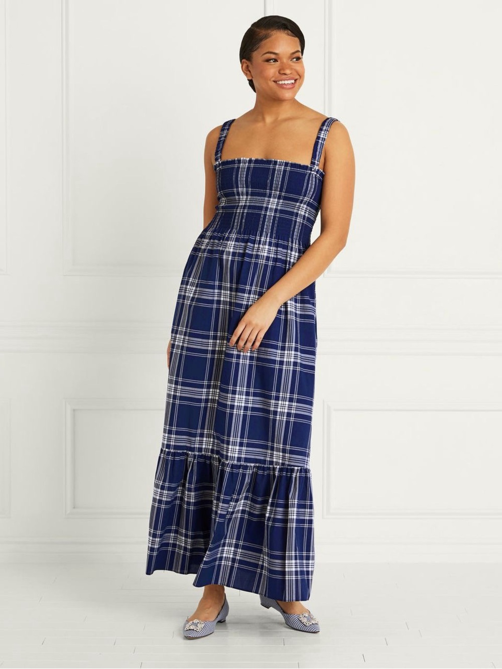 Hill House Home Anjuli Nap Dress Navy Spring Plaid Smocked Cotton Maxi M